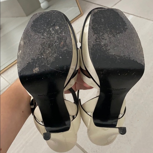 SAINT LAURENT TRIBUTE SANDAL HEELS CREAM/BLACK - Picture 8 of 8
